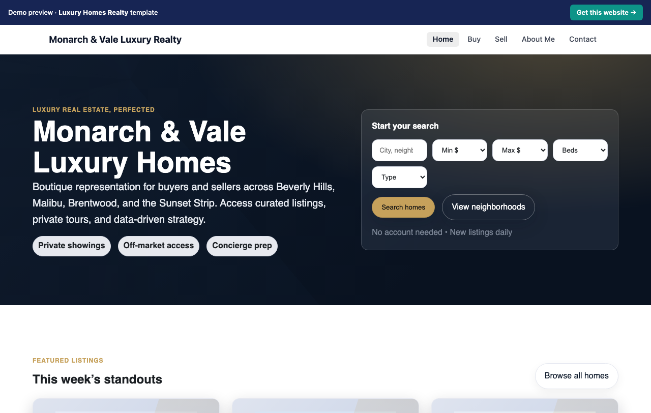 Home page of the Luxury Homes Realty website template