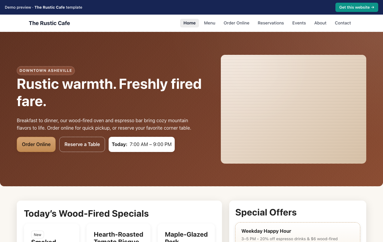 Home page of the The Rustic Cafe website template